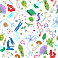 Seamless illustration with simple icons on biology and learning color icons on green background