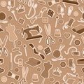 Seamless illustration with simple icons on a theme of knitting and stitching, in brown tones Royalty Free Stock Photo
