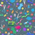 Seamless illustration with simple icons on a theme of knitting and stitching on a grey background Royalty Free Stock Photo