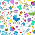 Seamless illustration on the theme of childhood and newborn babies, baby accessories, accessories and toys, simple color icons on