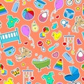 Seamless illustration on the theme of childhood and newborn babies, baby accessories and toys, simple color patches icons on oran