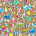 Seamless illustration on the theme of childhood and newborn babies, baby accessories and toys, simple color stickers icons on brow