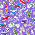 Seamless illustration on the theme of childhood and toys, toys for boys, patch icons on purple background