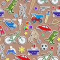 Seamless illustration on the theme of childhood and toys, toys for boys, stickers icons on brown background