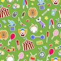 Seamless illustration on the theme of circus, simple colored icons stickers on a green background