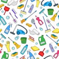 Seamless illustration on the theme of cleaning and household equipment and cleaning products,color icons on white background