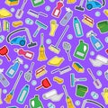 Seamless illustration on the theme of cleaning and household equipment and cleaning products,color patch icons on purple backgrou
