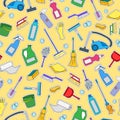 Seamless illustration on the theme of cleaning and household equipment and cleaning products,color patch icons on yellow backgrou