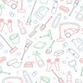 Seamless illustration on the theme of cleaning and household equipment and cleaning products, simple colored contour icons on whi