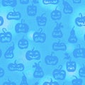 Seamless illustration on the theme of Halloween, different shapes of pumpkin on blue background