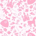 Seamless illustration on the theme of Hobbies baby girls, accessories and toys, the outlines of objects pink icons on a white bac