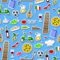 Seamless illustration on the theme of journey in the country of Italy, simple colored icons stickers on blue background