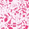 Seamless illustration on the theme of masquerade and carnival ,a pink silhouettes of icons on the background of polka dots