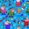 Seamless illustration with on the theme of New Year holidays, funny cartoon bulls with snowflakes, bright animals on a blue backg