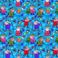 Seamless illustration on the theme of New Year holidays, funny cartoon bulls with snowflakes, bright animals on a blue background