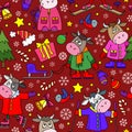 Seamless illustration on the theme of New Year holidays, funny cartoon bulls with snowflakes, bright animals on a red background