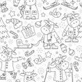 Seamless illustration on the theme of New Year holidays, funny cartoon bulls with snowflakes, dark contour animals on a white back