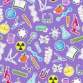 Seamless illustration on the theme of science and inventions, diagrams, charts, and equipment, simple patch icons on purple backgr