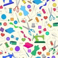 Seamless illustration on the theme of sewing and knitting, color icons on light background Royalty Free Stock Photo