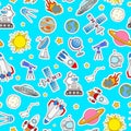 Seamless illustration on the theme of space and space travel color patch icons on blue background Royalty Free Stock Photo