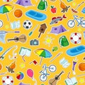 Seamless illustration on the theme of summer camp and vacation icons patches on a orange background Royalty Free Stock Photo