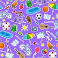 Seamless illustration on the theme of summer camp and vacation icons patches on purple background