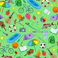 Seamless illustration on the theme of summer camp, and vacation simple icons on green background Royalty Free Stock Photo
