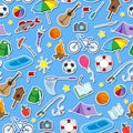 Seamless illustration on the theme of summer camp and vacations, icons stickers on blue background