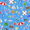 Seamless illustration on the theme of summer holidays in hot countries, simple Ccolored icons patches on a blue background