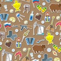 Seamless illustration on the theme of travel in the country of Russia, colored cartoon icons sticker on brown background