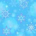 Seamless illustration on the theme of winter and winter holidays, the contour of the snowflake and flare, white snowflakes on a bl Royalty Free Stock Photo