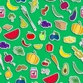 Seamless illustration on the topic of vegetarianism, simple icons, food signs stickers on a green background