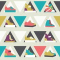 Seamless illustration with triangles and sport sneakers shoes in seamless pattern in bright colors. Lowpoly design for fash Royalty Free Stock Photo