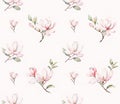 Seamless illustration, watercolor, magnolia, light background, pastel colors, pink, beige, background, flowers