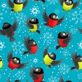 Seamless image with cartoon titmouses and bullfinches on a blue background with snowflakes