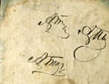 Seamless image of old yellowed sheet of paper with dark spots and a facsimile of the inscription. Royalty Free Stock Photo