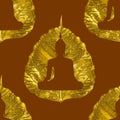 Seamless image pattern of beautiful silhouette Buddha statue shape of sitting on a gold leaf or Pho leaf bo leaf,bothi leaf on Royalty Free Stock Photo