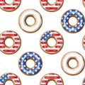 Seamless Independence Day pattern with donuts with American flag pattern in honor of 4th of July. Volumetric 3D donuts