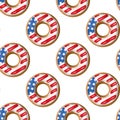 Seamless Independence Day pattern with donuts with American flag pattern in honor of 4th of July. Volumetric symmetrical 3D donuts
