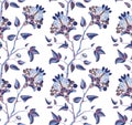 Seamless indian floral pattern. Delicate spring blue sprig with blooming flowers. Amazing ethnic paisley swirls for textile