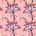 Seamless indian floral pattern. Delicate spring pink sprig with blooming flowers. Amazing ethnic paisley swirls for textile Royalty Free Stock Photo