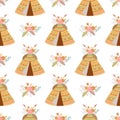 Seamless indian summer floral arrows and teepee illustration Kids aztec background Boho chic vector Royalty Free Stock Photo