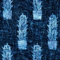 Seamless indigo block print texture on navy blue woven effect background. Japanese style washed denim batik resist