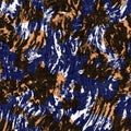 Seamless indigo dyed bandana texture. Blue orange stain woven cotton effect background. Repeat Indonesian batik