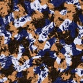 Seamless indigo dyed bandana texture. Blue orange stain woven cotton effect background. Repeat Indonesian batik