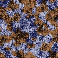 Seamless indigo dyed bandana texture. Blue orange stain woven cotton effect background. Repeat Indonesian batik