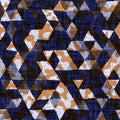 Seamless indigo dyed bandana texture. Blue orange stain woven cotton effect background. Repeat Indonesian batik