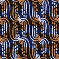 Seamless indigo dyed bandana texture. Blue orange stain woven cotton effect background. Repeat Indonesian batik resist