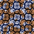 Seamless indigo dyed bandana texture. Blue orange stain woven cotton effect background. Repeat Indonesian batik resist