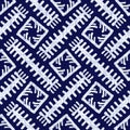 Seamless indigo geometric texture. Navy blue woven geo shape cotton dyed effect background. Japanese repeat batik resist